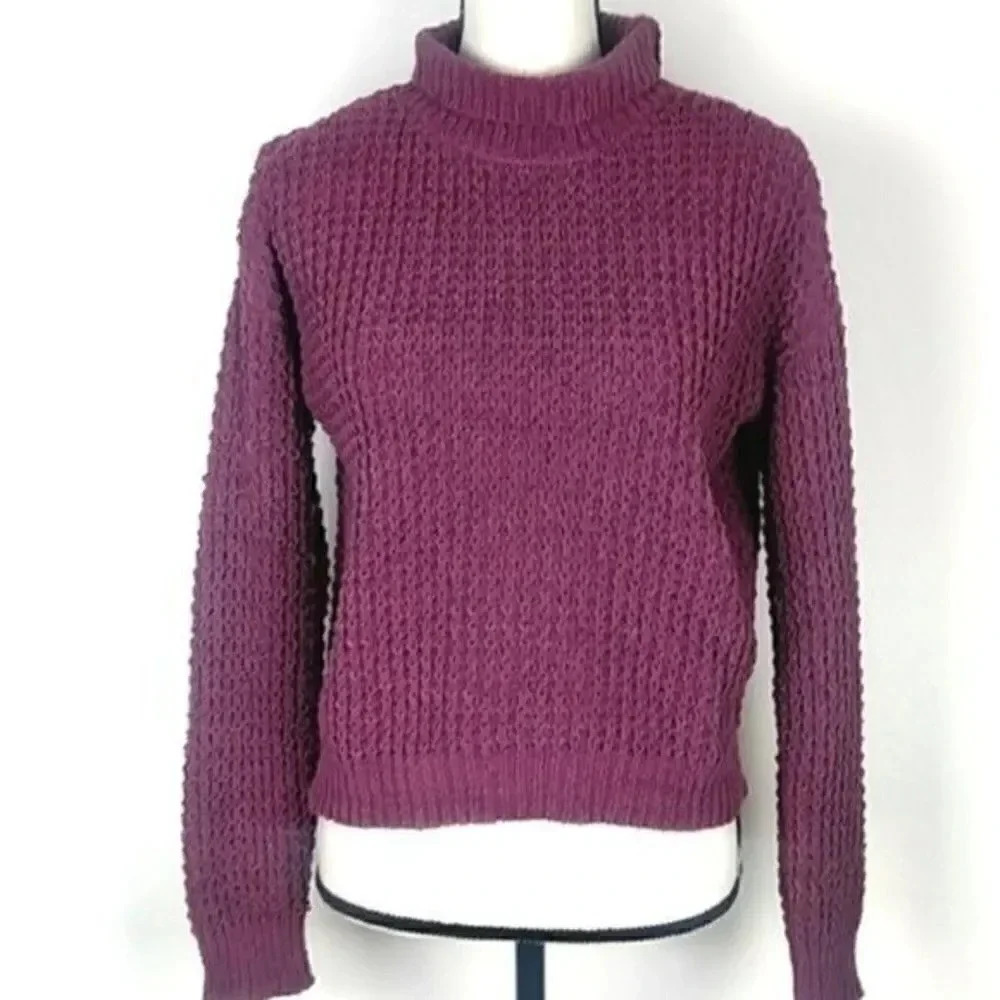 Women's Turtleneck Sweater Plush Knit Dusty Rose Mauve Chenille Long Sleeve